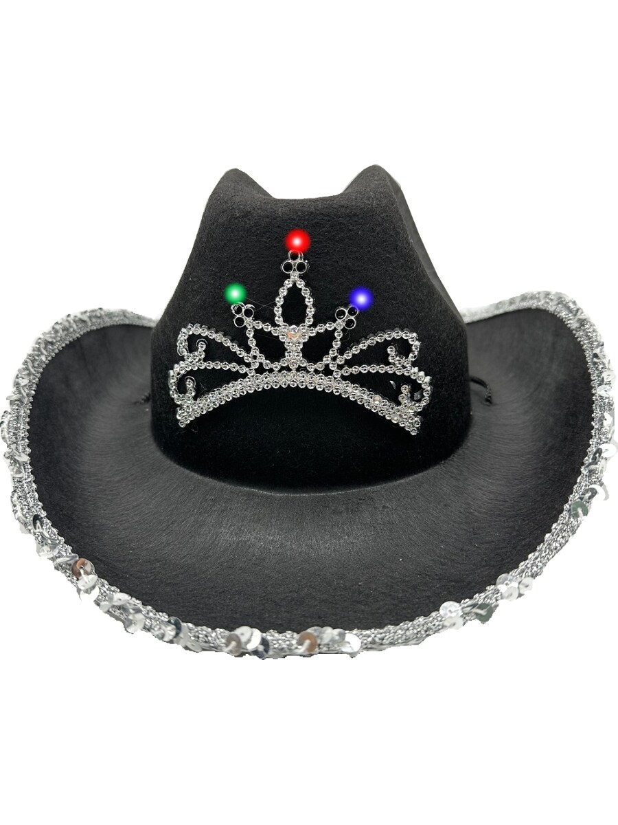 Adult&#x27;s Black Cowboy Hat With Light Up Tiara And Sequin Trim