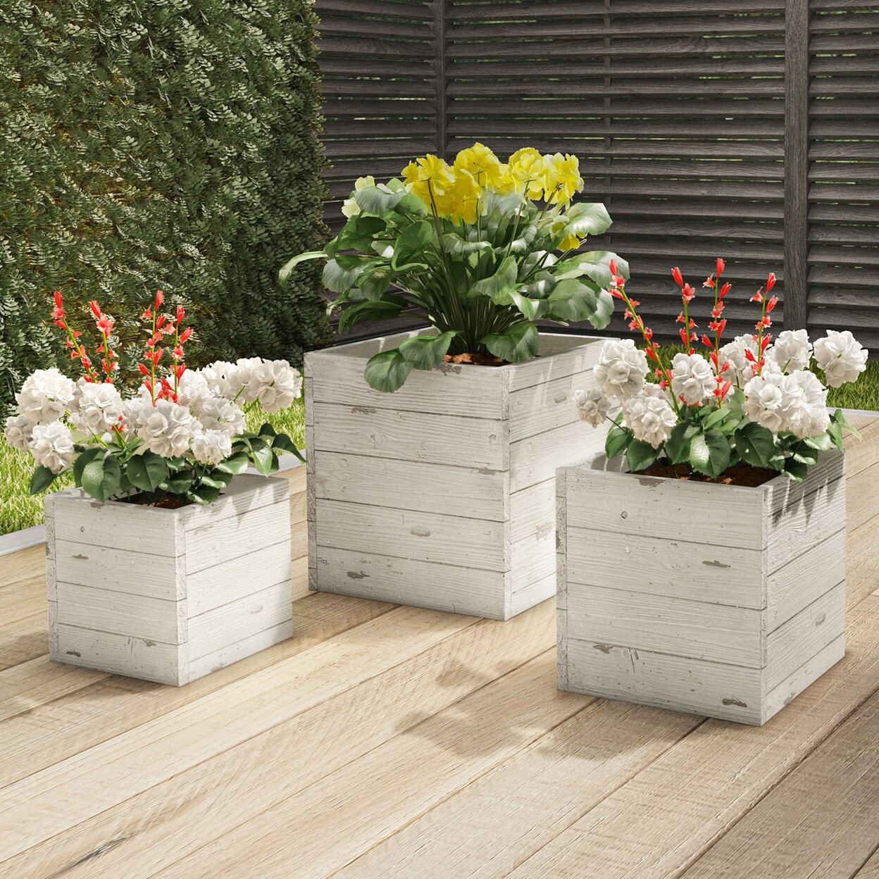 Pure Garden Square Fiber Clay Planter Set 3-Piece Varying Height Rustic Wood Look Pots