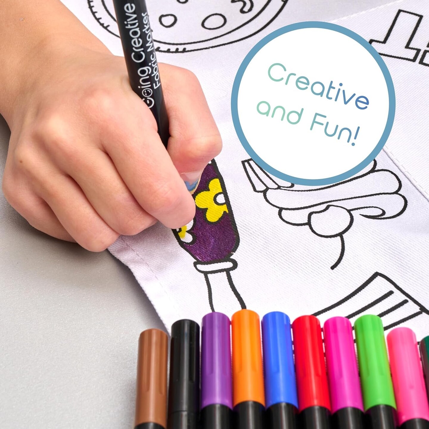 Color-An-Apron Kit - Interactive Coloring Kit with Favorite Foods &#x26; Words plus 12 Fabric Markers for Kids - Fun &#x26; Educational Craft for Young Chefs 4-10 Years Old