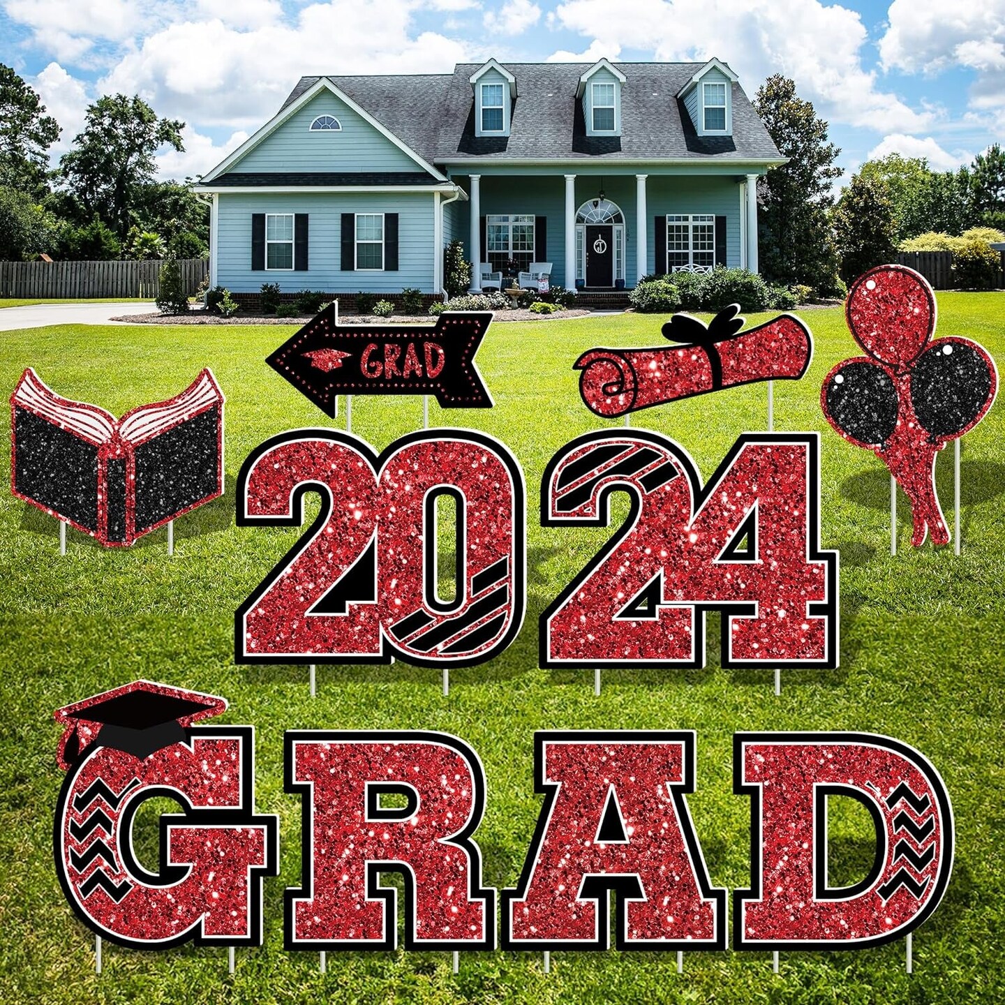 10 PCS 2024 Graduation Decorations, Large Congrats Grad 2024 Yard Signs with Stakes, Class of 2024 Glitter Plastic Congratulations Graduate Grad Lawn Yard Signs for College School Grad Party Supplies