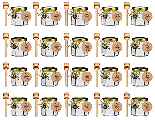 20 Pack Glass Honey Jars with Dipper - Gold Lids, Bee Pendants, Jutes, and Thank You Cards - Perfect for Baby Shower Favors, Wedding Favors, Party Favors
