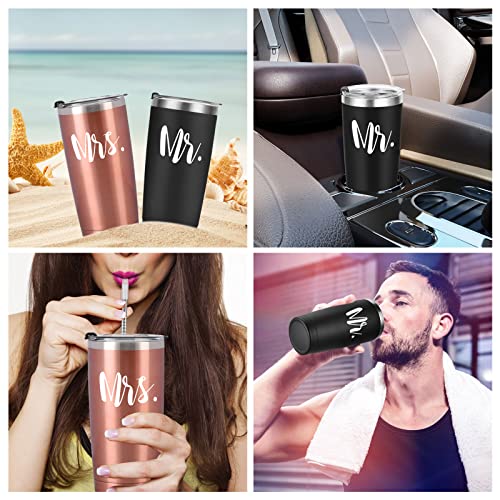 Mr and Mrs Tumbler Set of 2, Gifts for Newlyweds Couples Wife Bride To Be Newly Engaged Bridal Shower Wedding Engagement, 20 oz Stainless Steel Insulated Travel with Lids, Black & Rose Gold