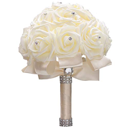 WIFELAI-A Ivory Cream Bouquet for Bride Bridesmaids with Diamond Soft Ribbons Artificial PE Rose Bridal Holding Flowers for Wedding, Party and Church(Dia:8.26inchH:10inch Ivory W2018)…