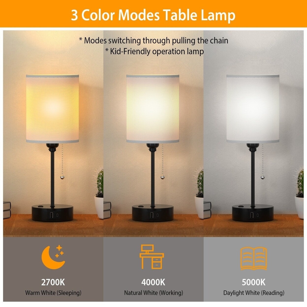 2Pcs Beside Lamps For Bedroom 3 Color Modes Nightstand Lamp Usb C A Ac Output Ports Pull Chain E26 Bulb Light