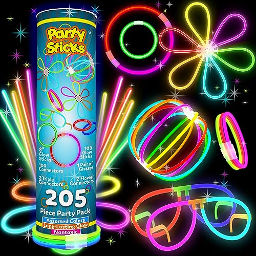 PartySticks Bulk Party Supplies 205 Piece Glow in The Dark Glow Sticks with Eye Glasses, Bracelets, and Connectors
