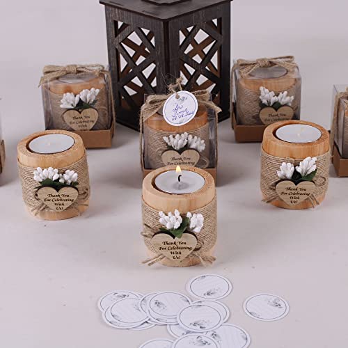 Pack of 10 Wood Tealight Candle Holder, Bridal Shower Tealight Holder Thank You Gifts, Wedding Party Favors for Guests, Wooden Cylinder Candle Holders for Table Centerpiece (Heart Tag, Light Brown)