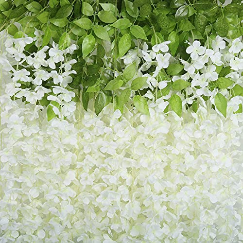 24 Pack Wisteria Hanging Flowers Fake Flower Garland Artificial Wisteria Vines Rattan Silk Flower String Wedding Party Wall Decorations,White