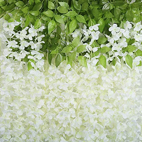 Pauwer Wisteria Hanging Flowers 24 Pack Fake Flower Garland Artificial Wisteria Vines Rattan Silk Flower String Wedding Party Wall Decorations,White