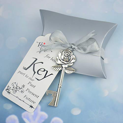 50 Set Skeleton Rose Key Bottle Openers with Candy Box In Antique Vintage Style Escort Tags French Ribbon As A Gift Souvenir At Wedding Party Supplies (Antique Silver)