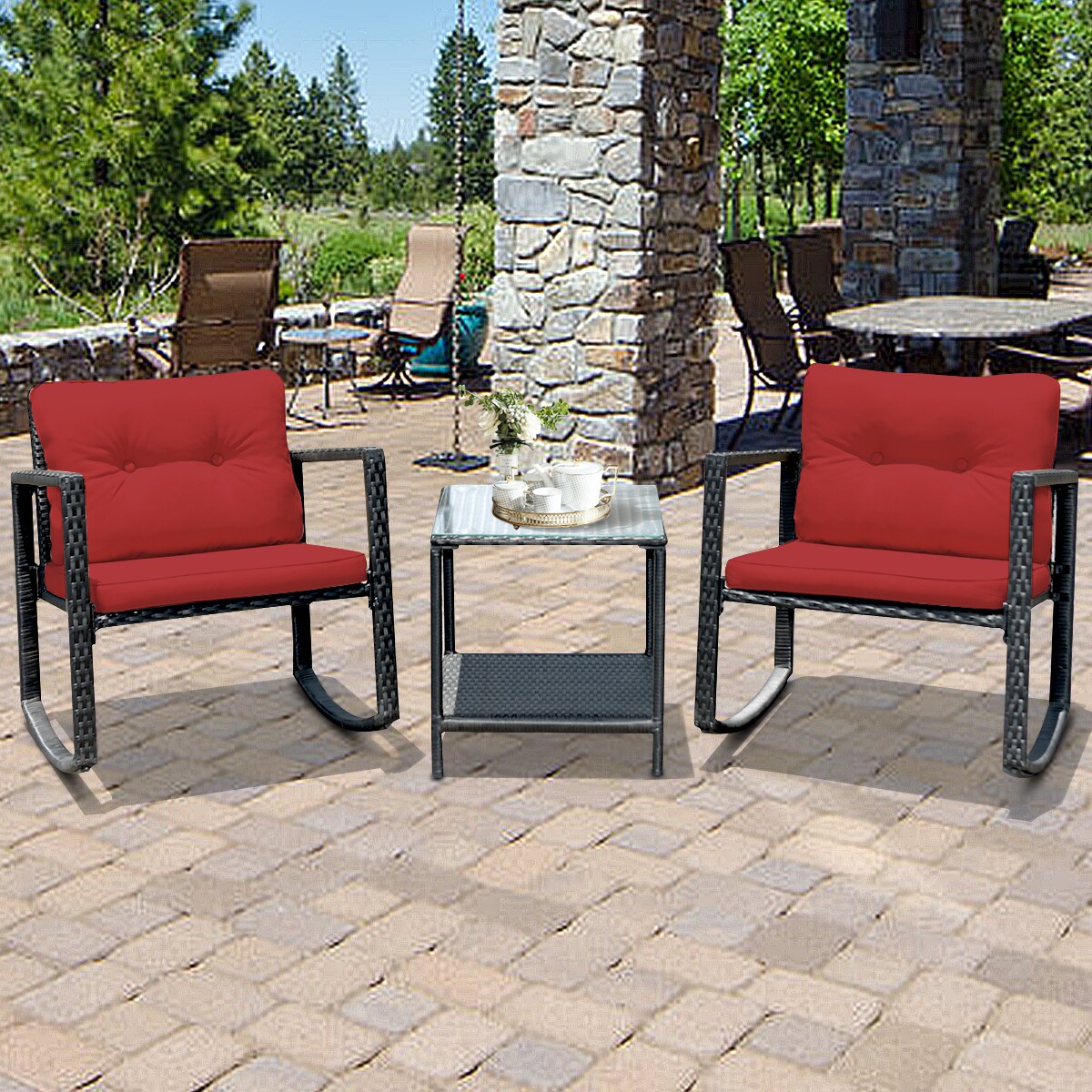 3Pcs Rattan Rocking Chair Table Set Patio Furniture Set W/ Burgundy Cushions