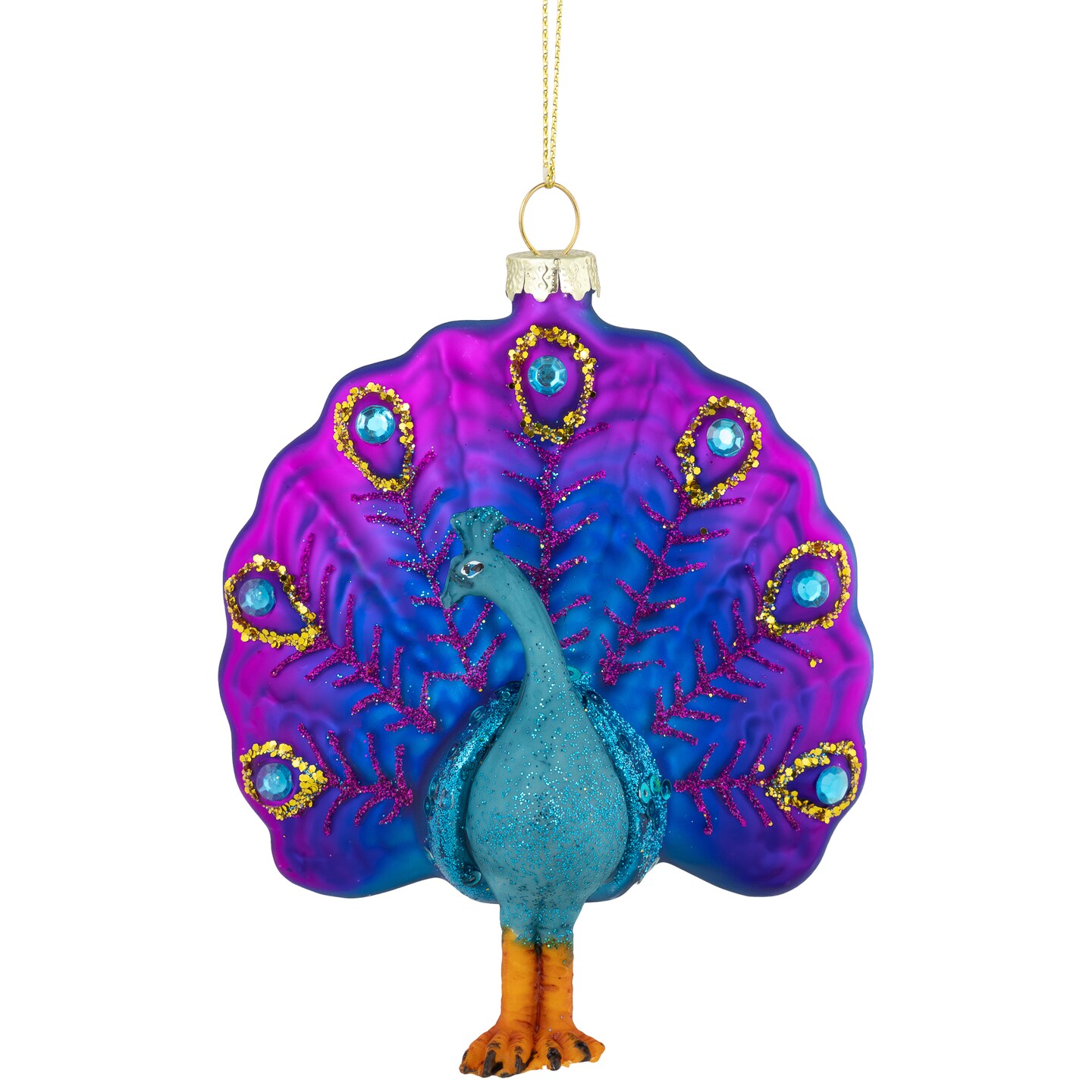 Northlight Standing Glittered Peacock Glass Christmas Ornament - 4.75&#x22; - Purple and Blue