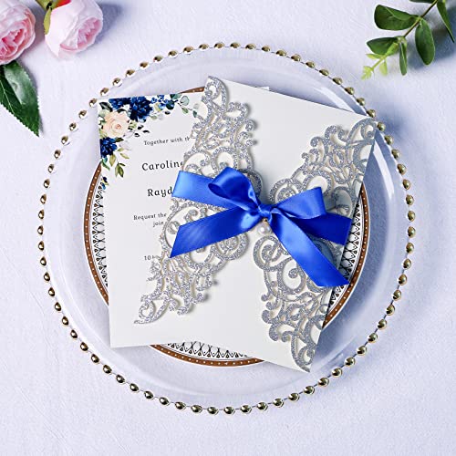 20 PCS 5 x 7'' Silver Giltter Laser Cut Wedding Invitations with Envelopes for Wedding Party Bridal Shower Engagement Birthday Sweet 16 Invite - Silver Glitter with Royal Blue Ribbons