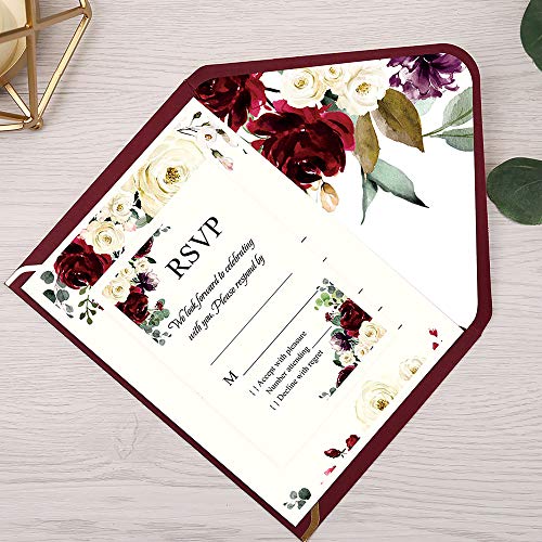 25 Pack Burgundy Fill-in Invitations Cards with Burgundy Rose and Envelope with Gold Border for Wedding,Engagement Invite