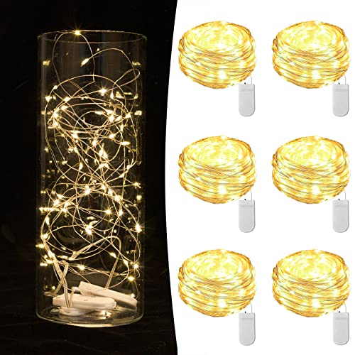 6 Pack Fairy Lights Battery Operated String Lights 7ft 20 Led Mason Jar Lights Waterproof Silver Wire Light Fireflies DIY Party Wedding Christmas Valentines Day Decoration(6 Pack,Warm White)