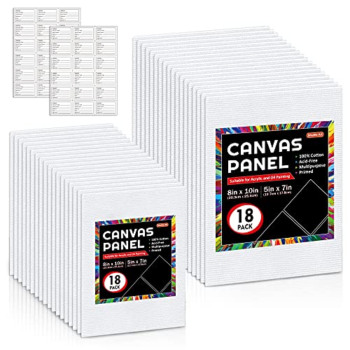 Shuttle Art Painting Canvas Panels, 36 Pack, 5x7, 8x10in (18 of Each), 100% Cotton, Primed White Canvas Boards for Painting, Blank Canvases for Kids, Adults &#x26; Artists for Acrylic and Oil Painting