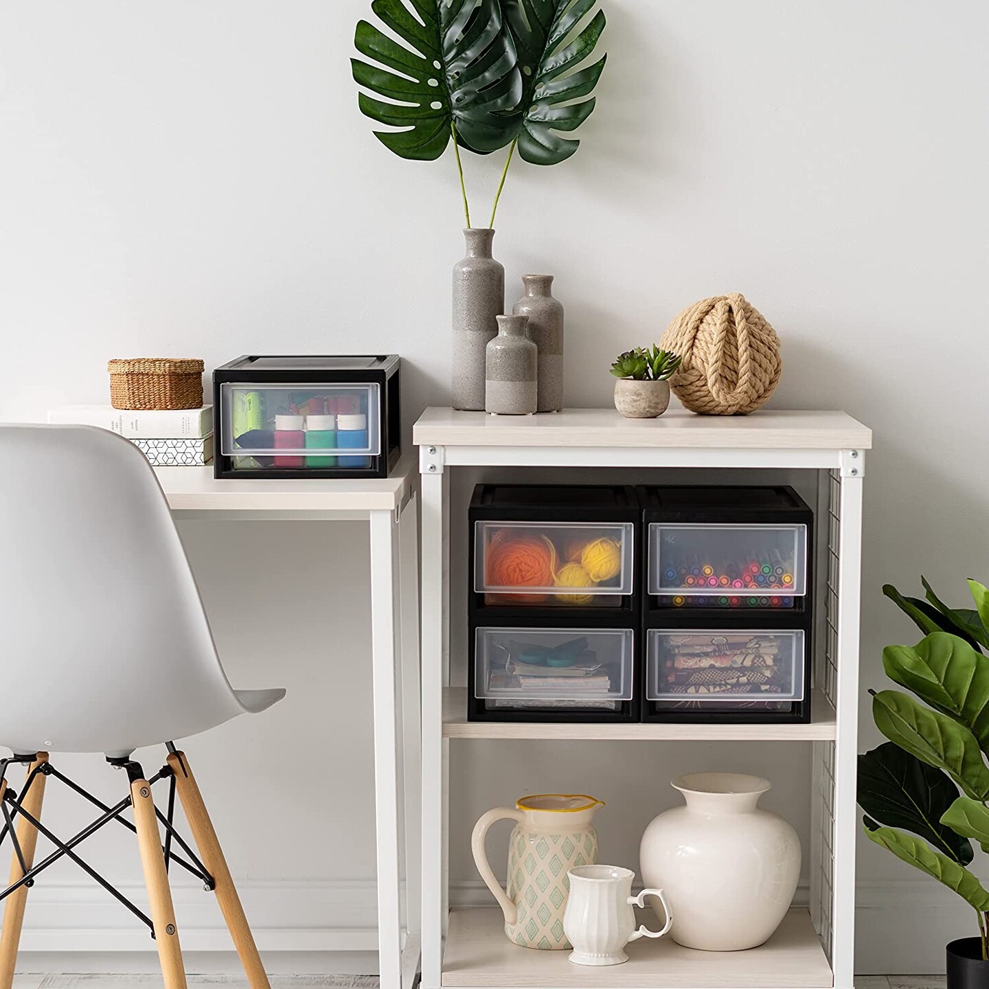 IRIS USA 4 Pack 6qt Plastic Compact Stackable Storage Drawers, Black/White