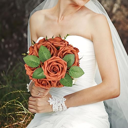 AmyHomie Artificial Flowers Burnt Orange Rose 25pcs Real Looking Fake Roses w/Stem for Fall Decor DIY Wedding Bouquets Centerpieces Arrangements Party Baby Shower Home Decorations