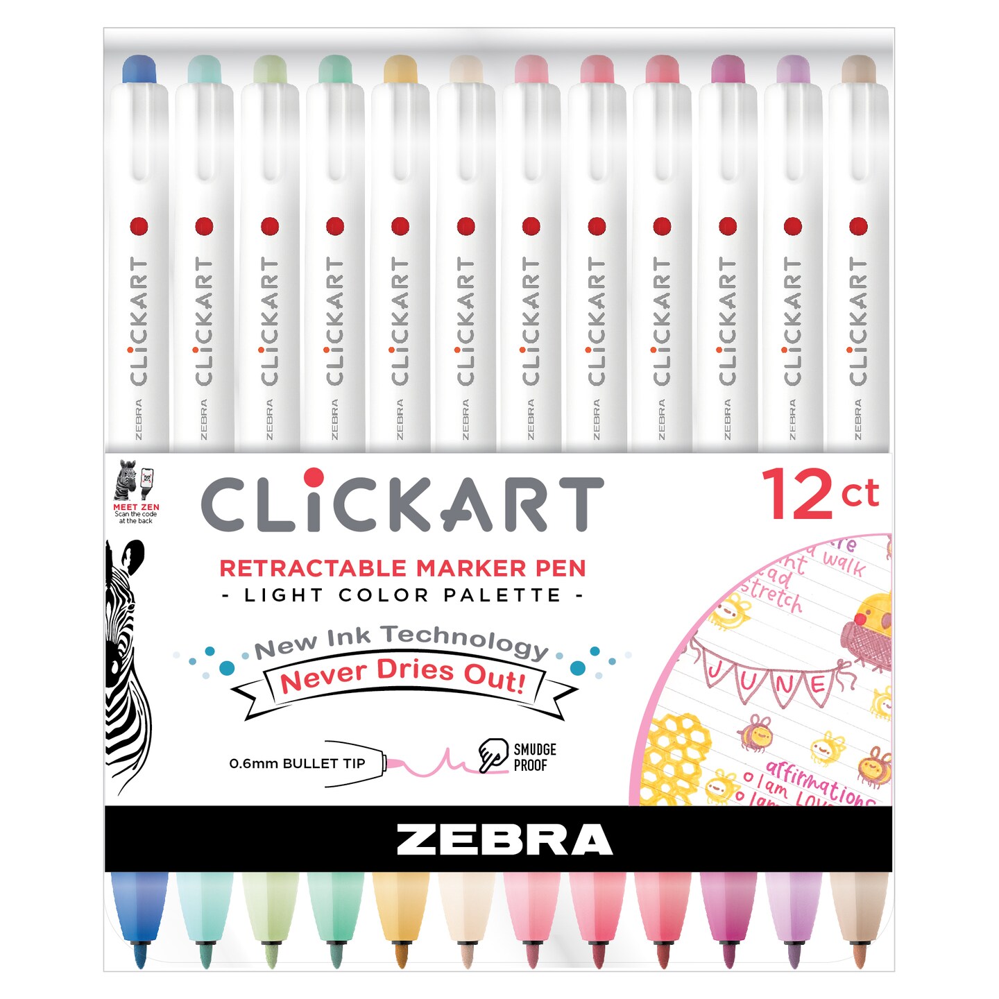 Zebra CLiCKART Retractable Marker Pen Set of 12- Light Colors