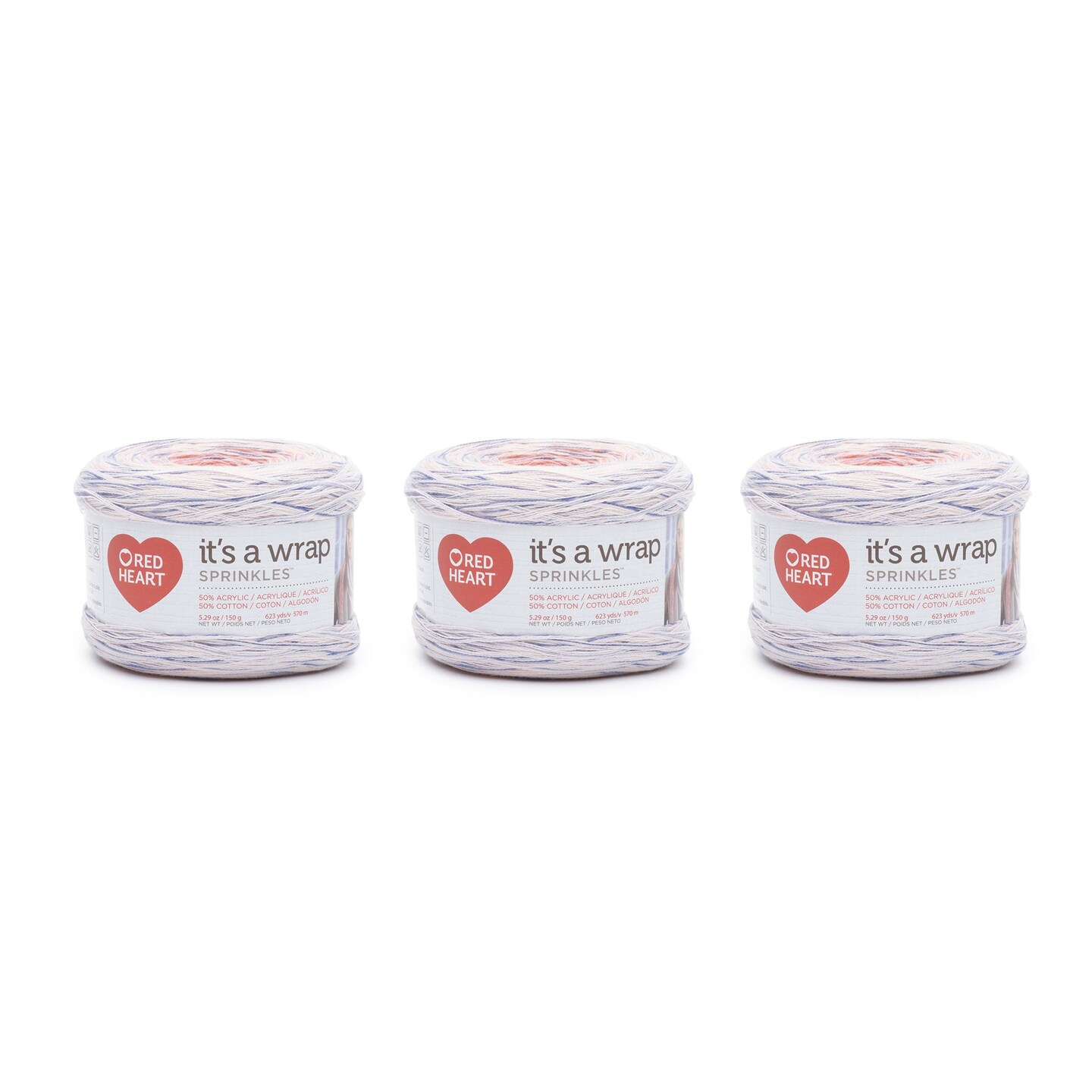 Red Heart It&#x27;s A Wrap Sprinkles Peach Cobbler Yarn - 3 Pack of 5.3oz/150g - Blended Fiber - 2 Fine - 623 Yards - Knitting/Crochet