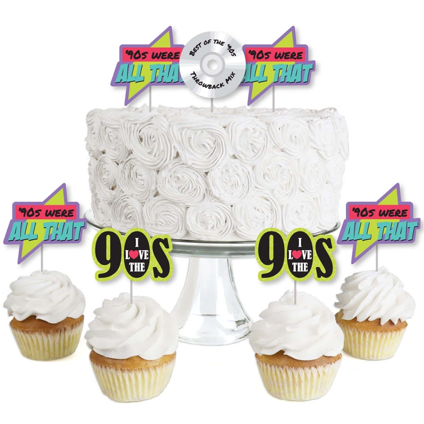 Big Dot of Happiness 90&#x27;s Throwback - Dessert Cupcake Toppers - 1990s Party Clear Treat Picks - Set of 24