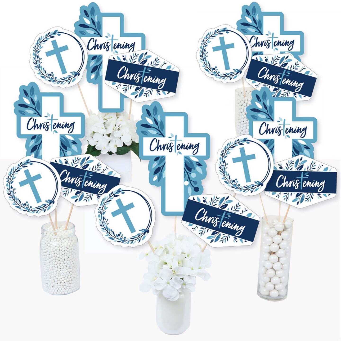 Big Dot of Happiness Christening Blue Elegant Cross - Boy Religious Party Centerpiece Sticks - Table Toppers - Set of 15