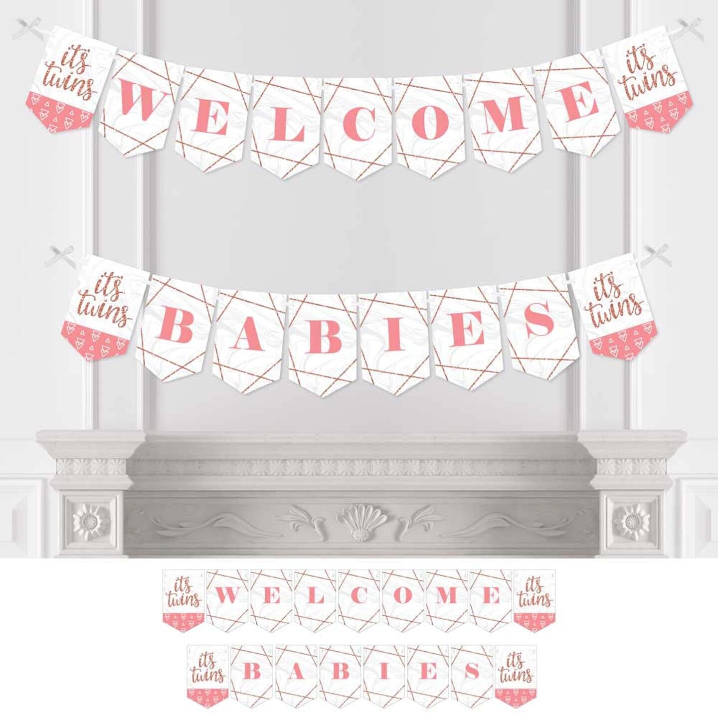 Big Dot of Happiness It's Twin Girls - Pink and Rose Gold Twins Baby Shower Bunting Banner - Party Decorations - Welcome Babies