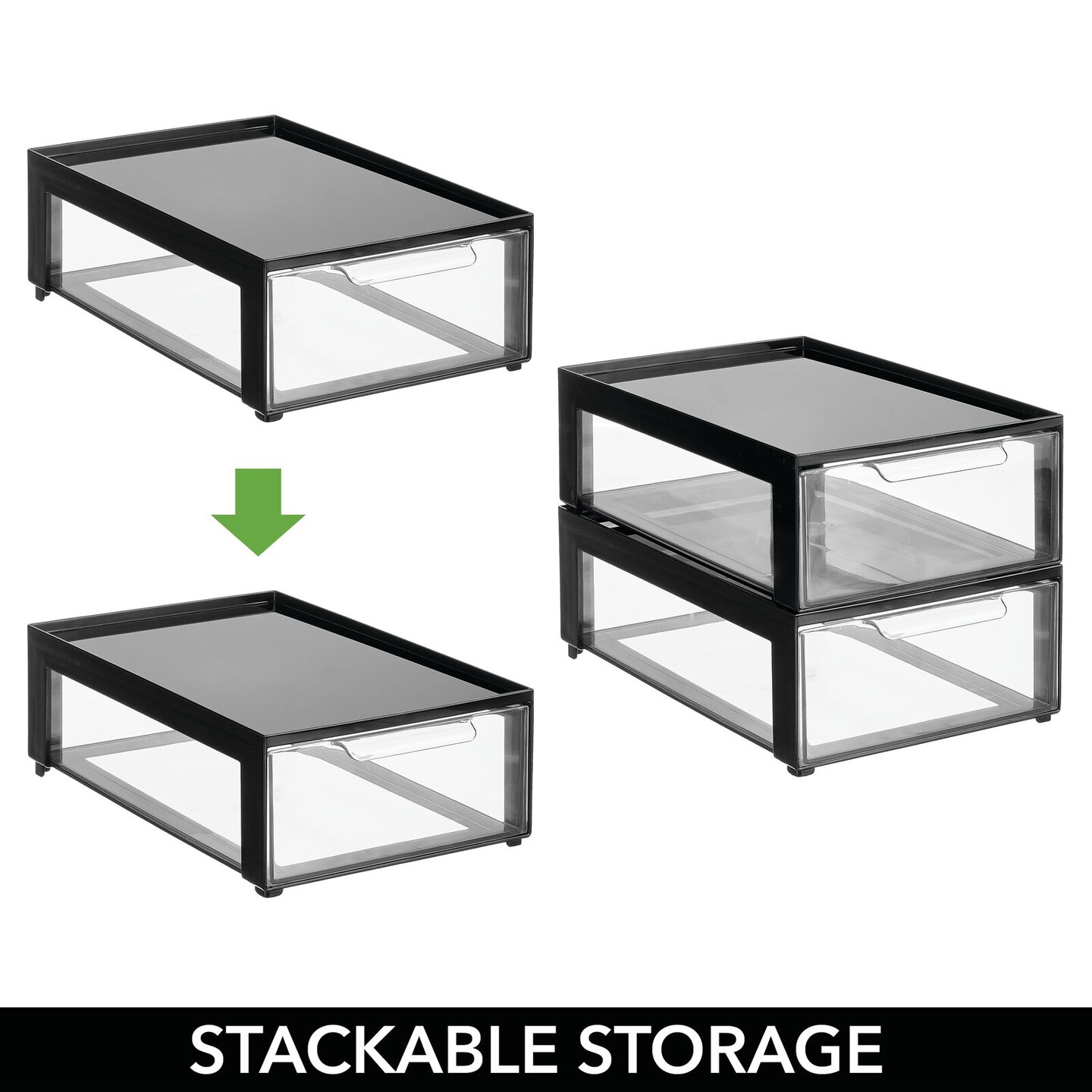 mDesign Plastic Office Storage Stack Organizer with Drawer, 8 Pack, Black/Clear