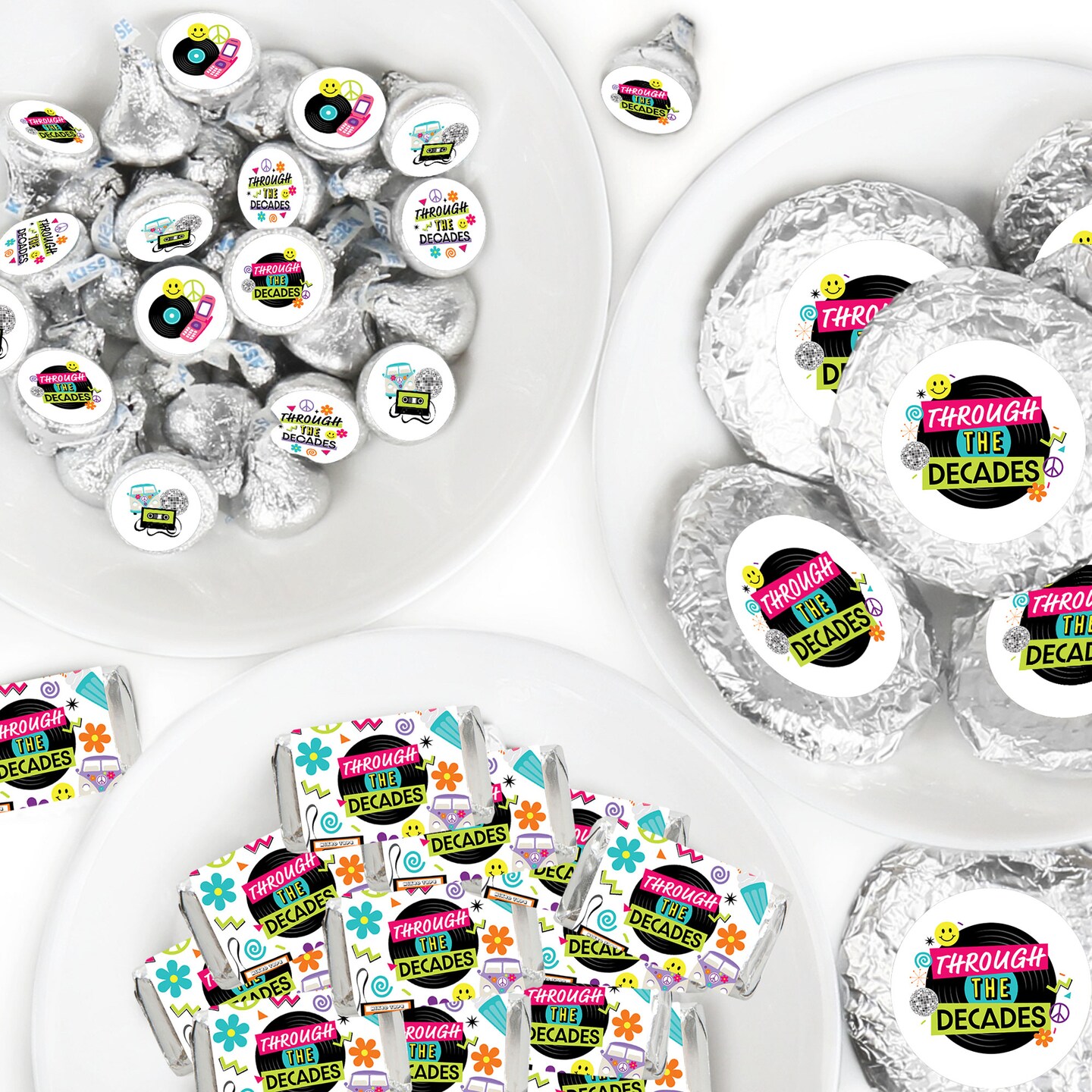 Big Dot of Happiness Through the Decades Mini Candy Bar Wrappers, Round Candy Stickers and Circle Stickers - Party Candy Favor Sticker Kit 304 Pieces