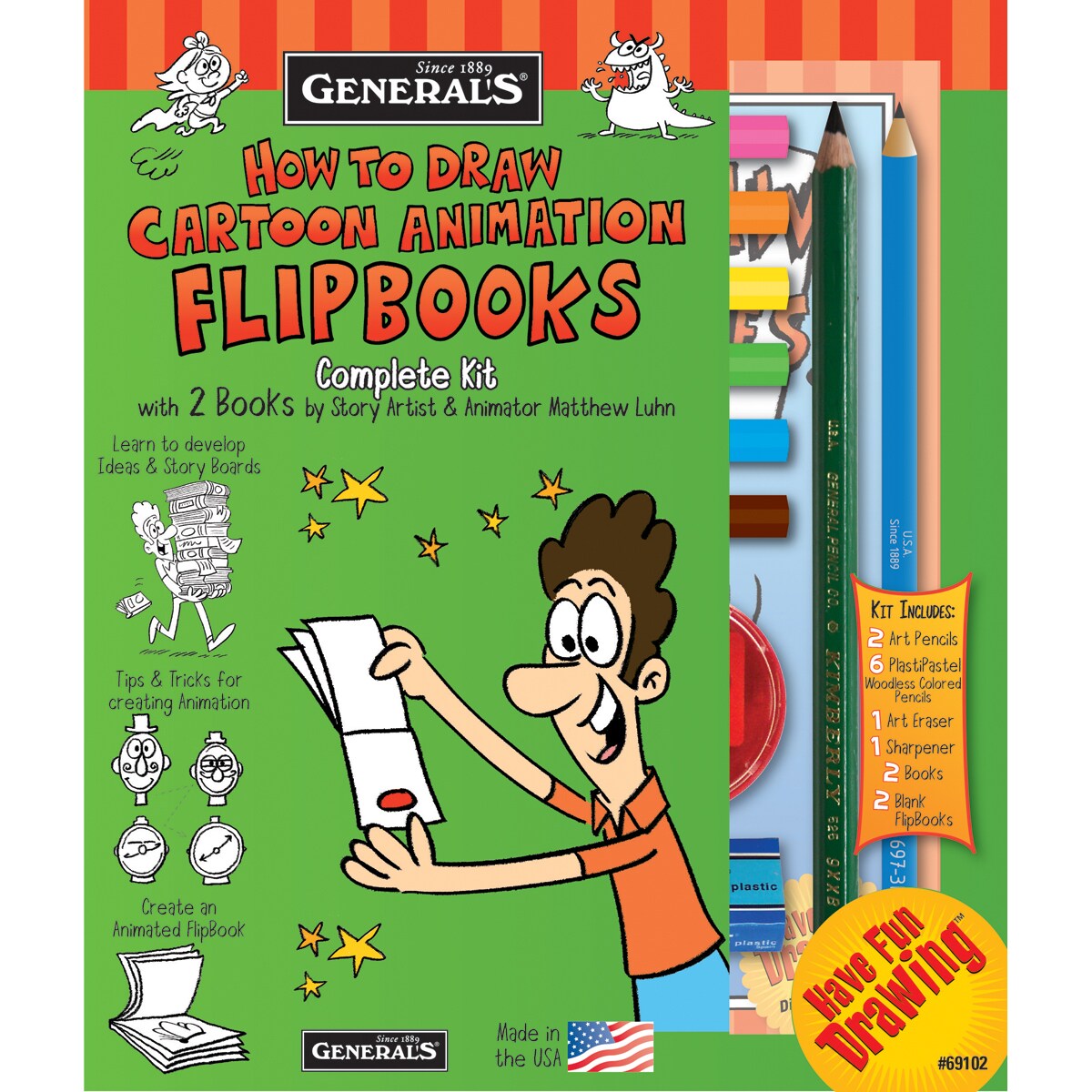 HOW TO DRAW CARTOONS KIT with 2 Books, 2 Art Pencils, 6 Plastipastel  Pencils
