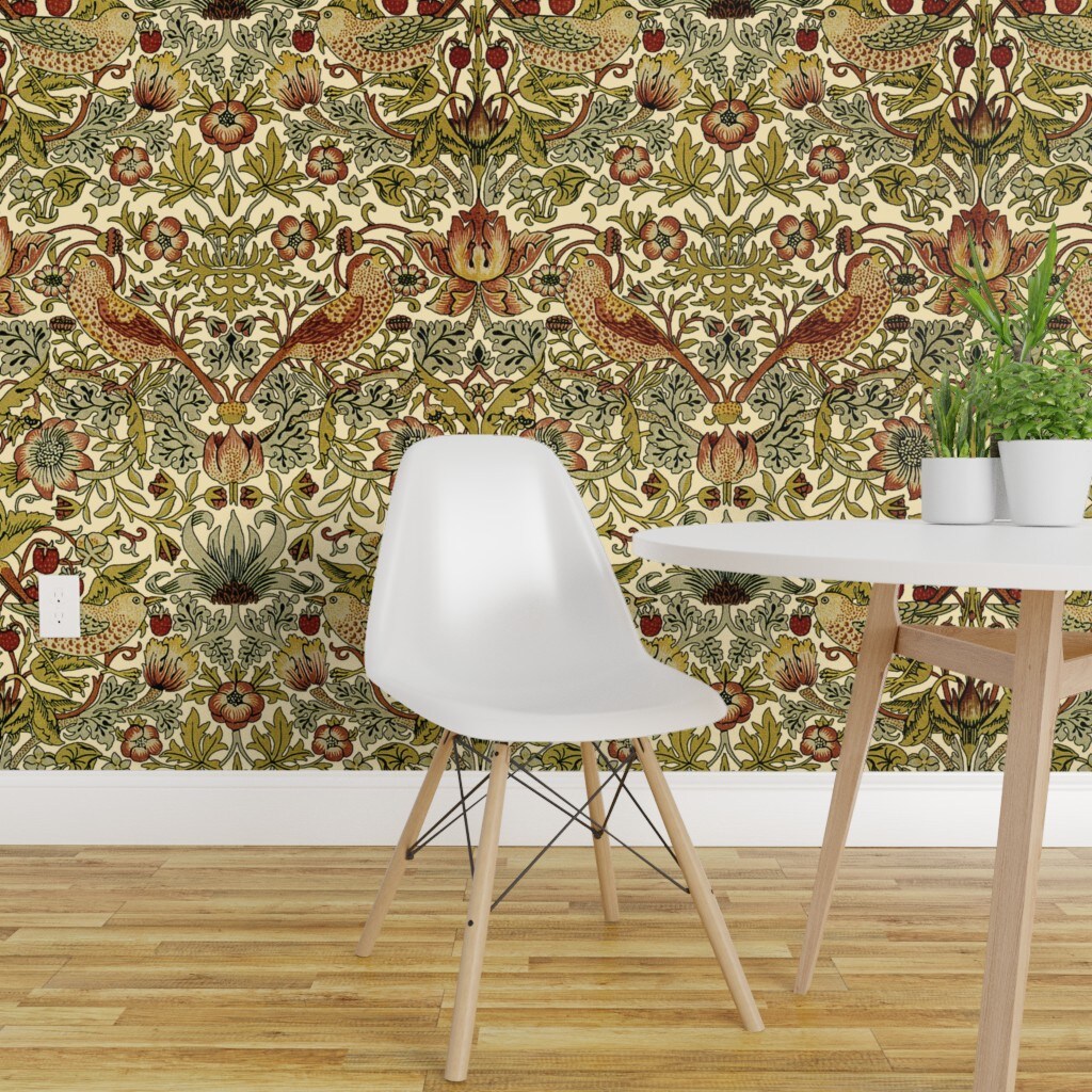 Pre-Pasted Wallpaper 2FT Wide Victorian Edwardian Vines Birds Damask Vintage Custom Pre-pasted Wallpaper by Spoonflower