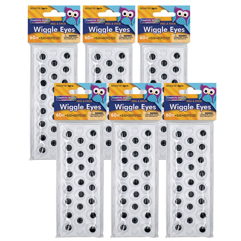 Peel &#x26; Stick Wiggle Eyes on Sheets, Black, Assorted Sizes, 60 Per Pack, 6 Packs