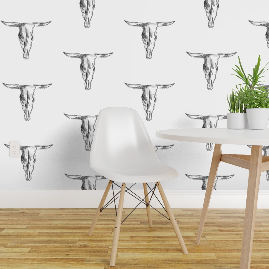 peel-stick-wallpaper-2ft-wide-cow-skull-bull-black-white-western