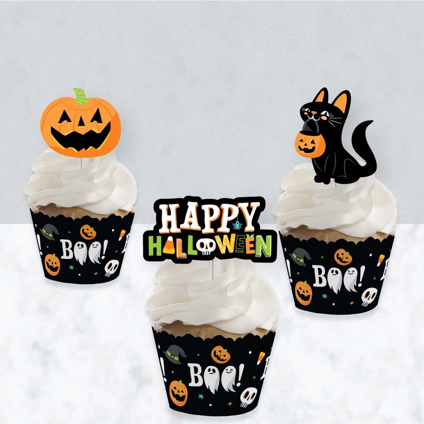 Big Dot of Happiness Jack-O&#x27;-Lantern Halloween - Cupcake Decoration - Kids Halloween Party Cupcake Wrappers and Treat Picks Kit - Set of 24