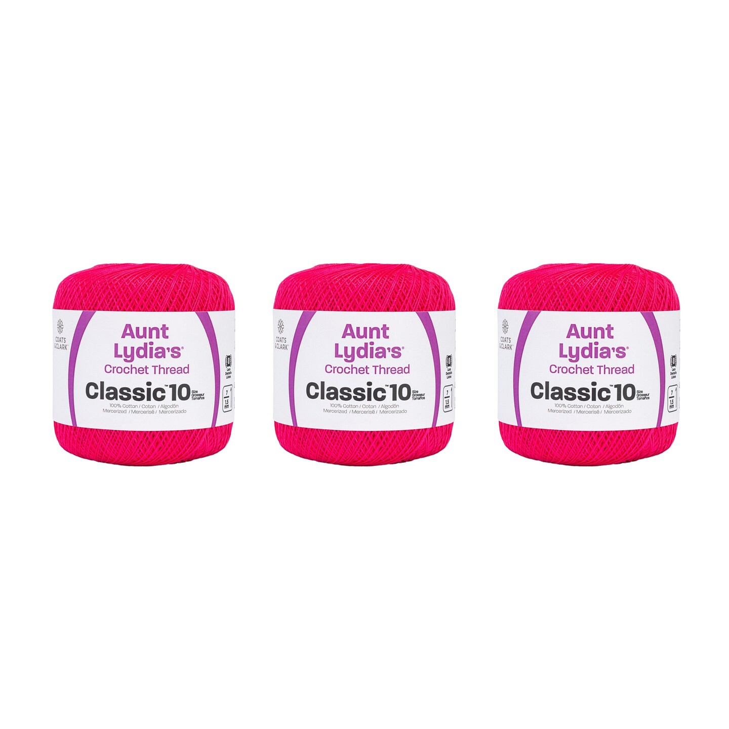 Aunt Lydia Classic Hot Pink Crochet - 3 Pack of 350y/320m - Cotton - Gauge 10 - Crochet