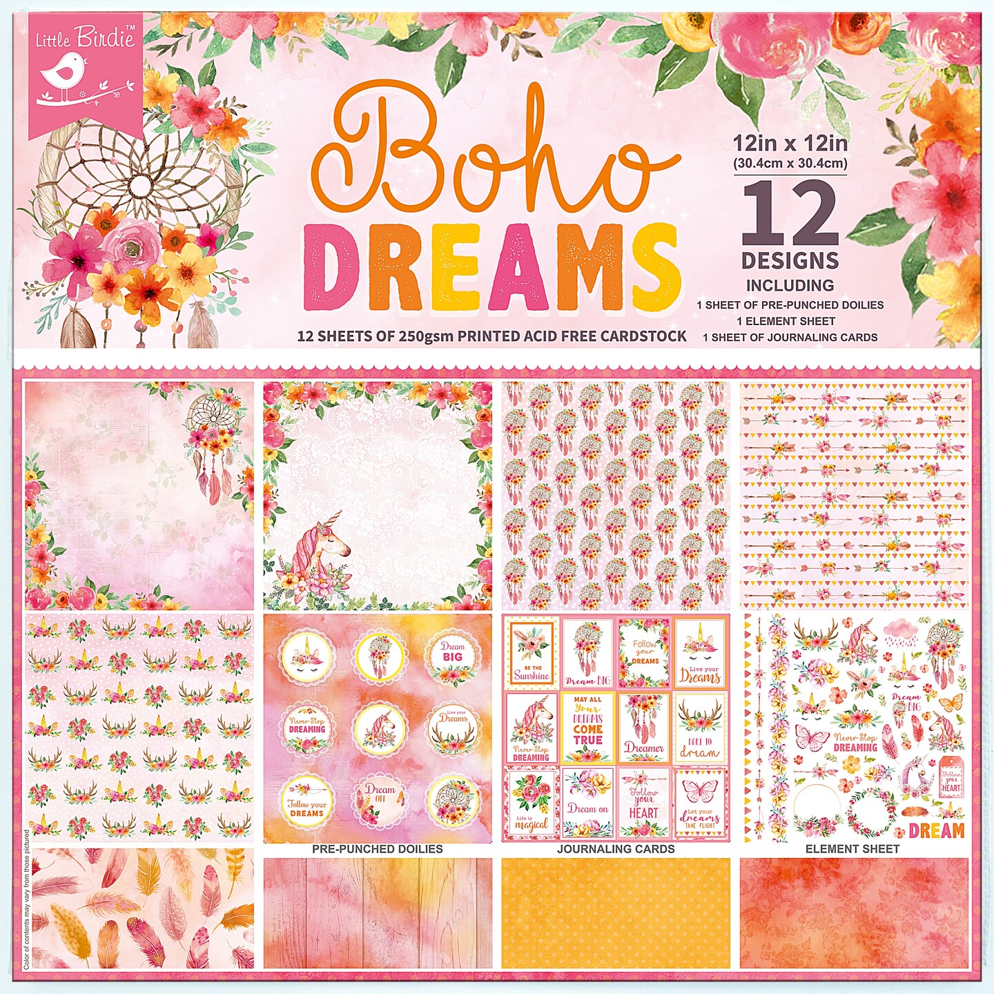 Little Birdie Cardstock Pack 12&#x22;X12&#x22; 12/Pkg-Boho Dreams