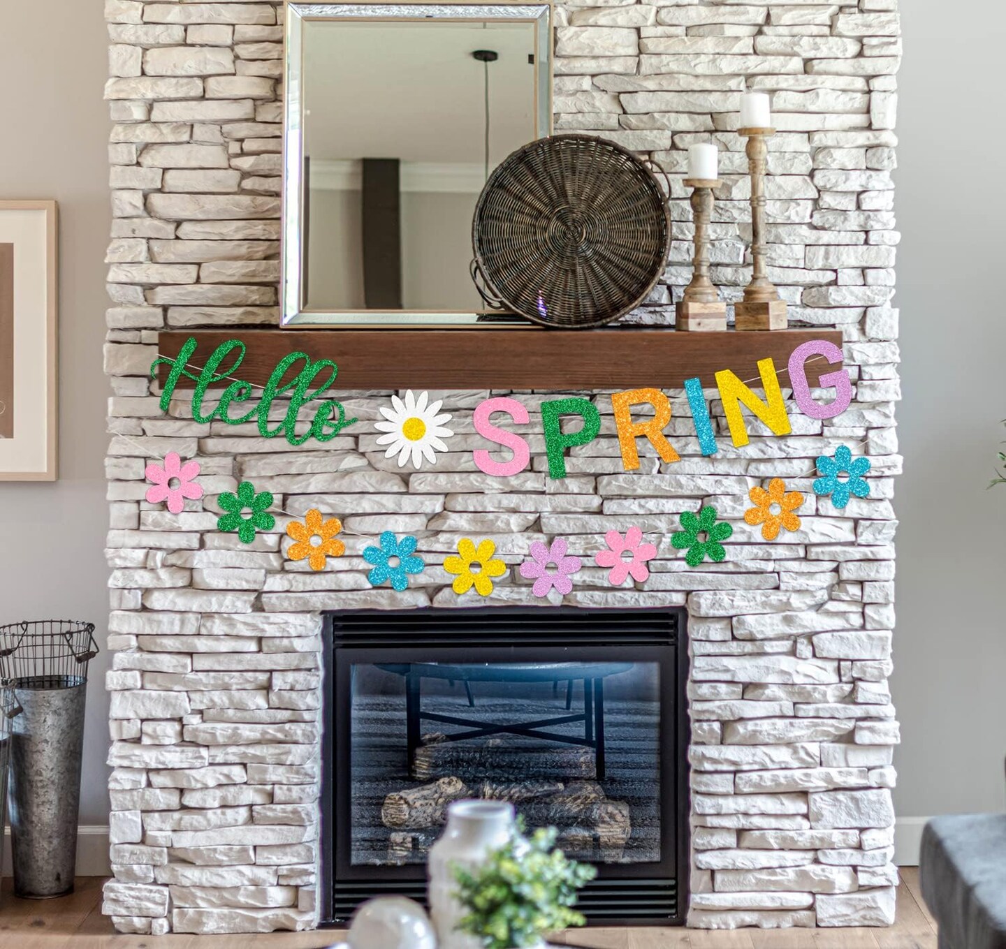 Hello Spring and Flower Banner with Colorful Glitter Spring Flower Banner Garland. Spring Party Decorations for Indoor and Outdoor Homes Spring Easter Mantel Fireplace Hanging Decor