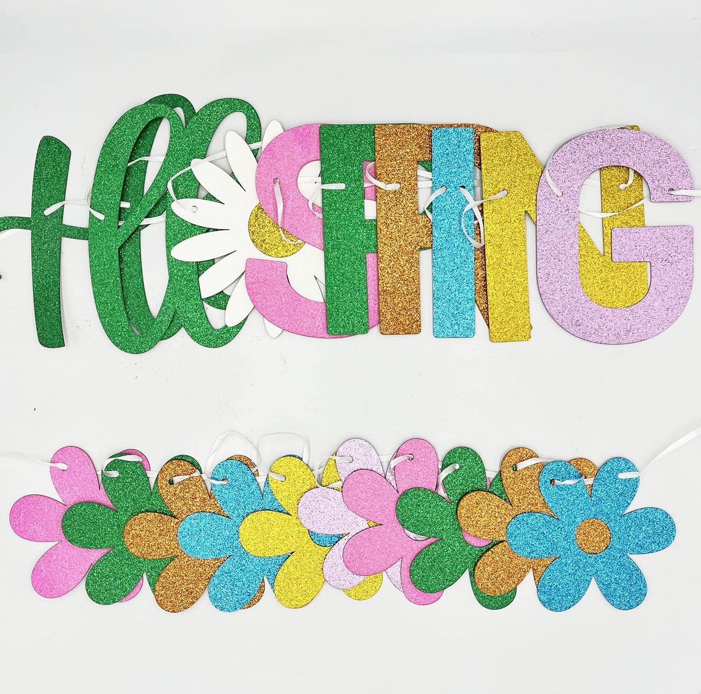 Hello Spring and Flower Banner with Colorful Glitter Spring Flower Banner Garland. Spring Party Decorations for Indoor and Outdoor Homes Spring Easter Mantel Fireplace Hanging Decor