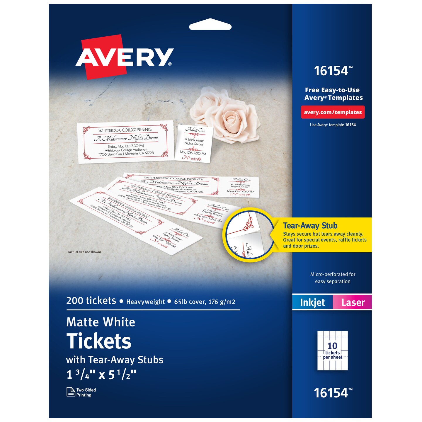 Avery Printable Tickets with Tear-Away Stubs, 1.75&#x22; x 5.5&#x22;, Matte White, 200 Blank Tickets for Laser and Inkjet Printers (16154)