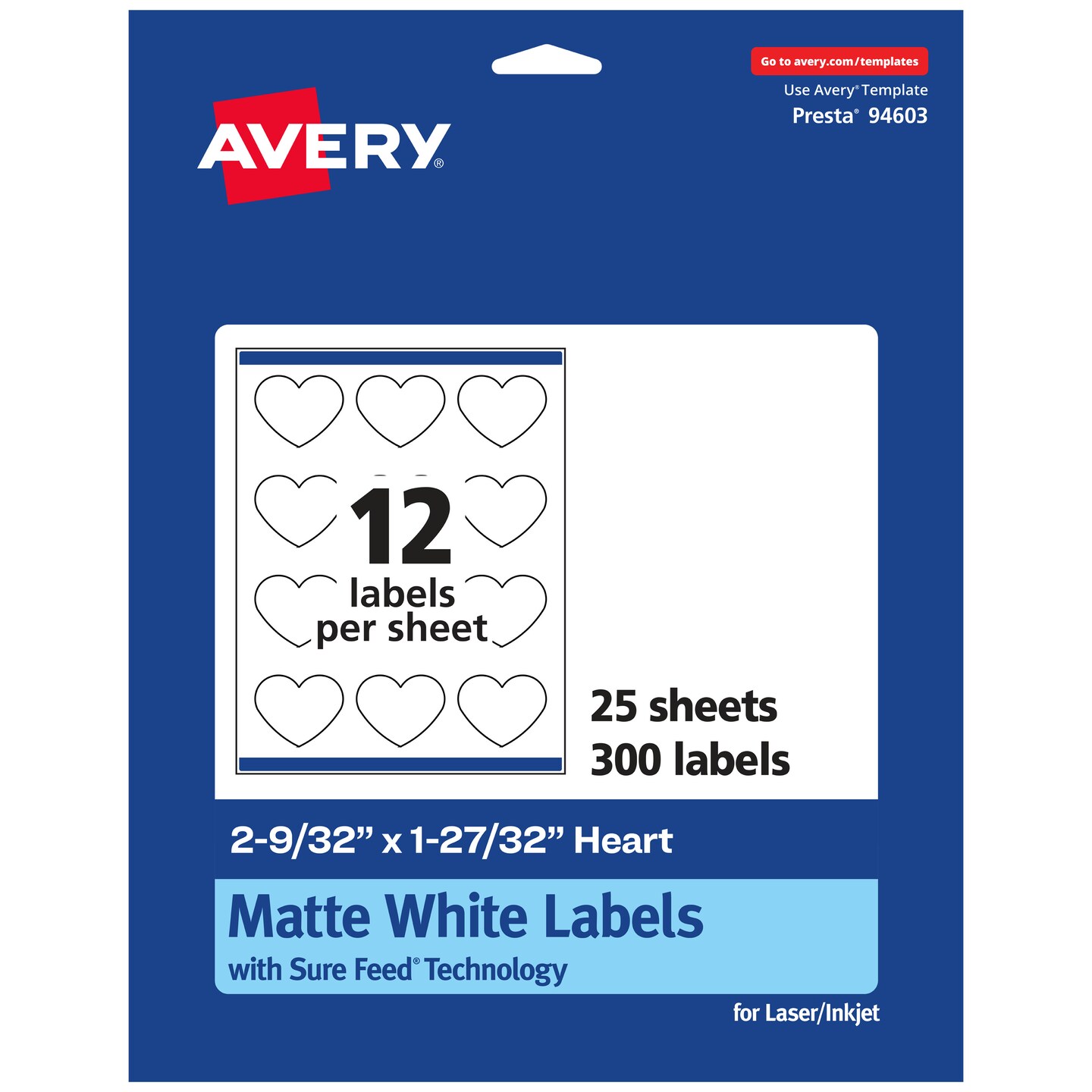 Avery Matte White Heart Labels, 2-9/32&#x22; x 1-27/32&#x22;