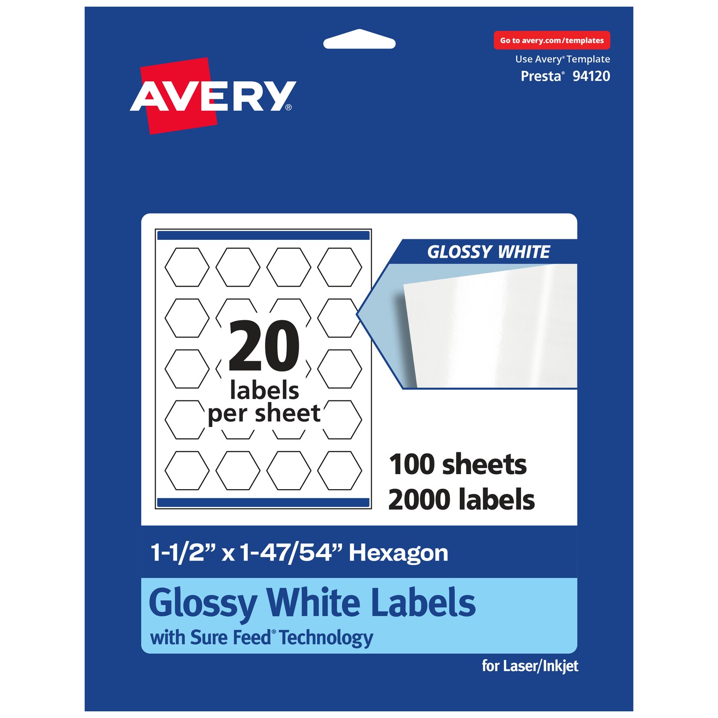 Avery Glossy White Hexagon Labels with Sure Feed, 1-1/2&#x22; x 1-47/54&#x22;