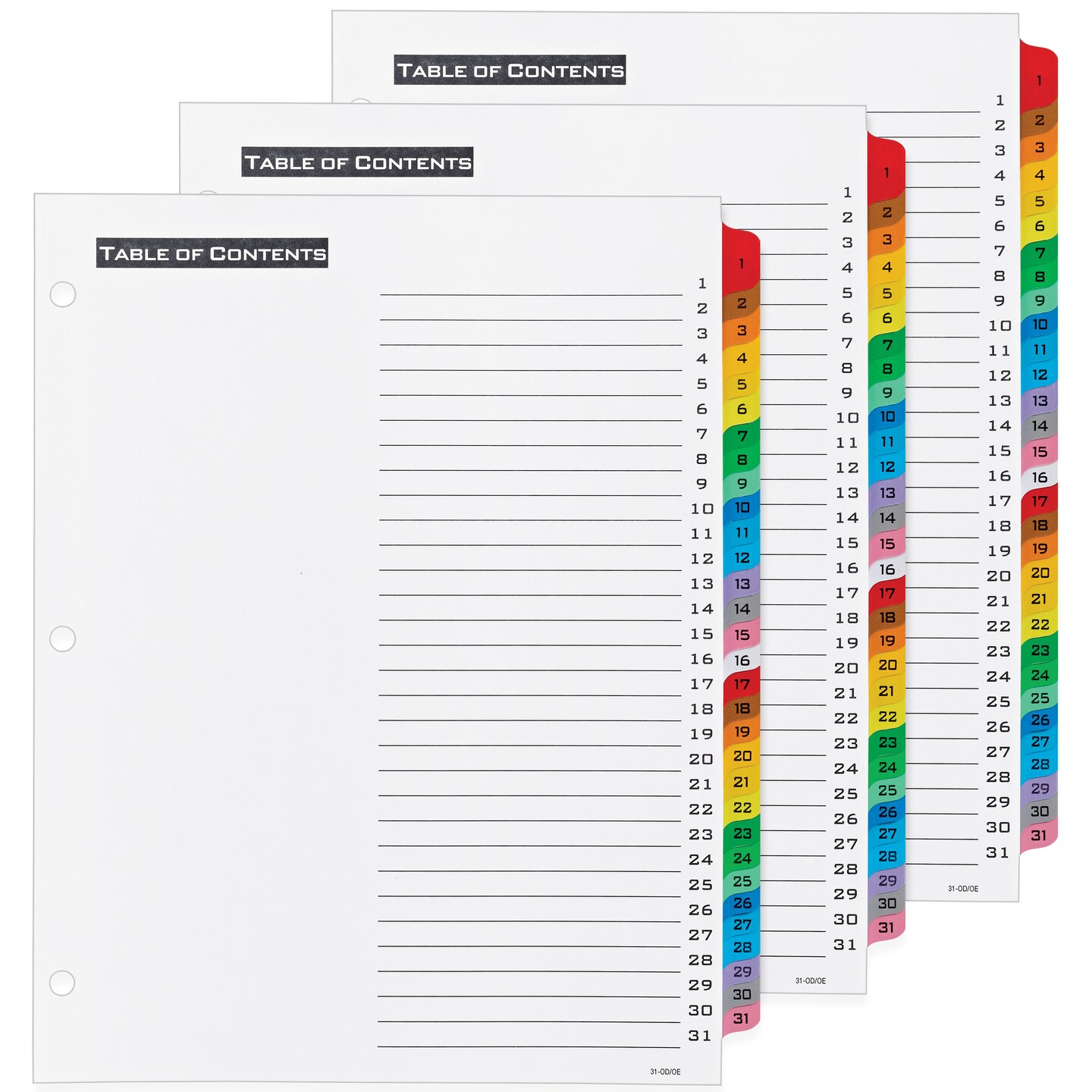 Office Essentials 1-31 Tab Table &#x27;n Tabs Dividers for 3 Ring Binders, Printable Table of Contents, Multicolor Tabs, 3 Sets (21892)