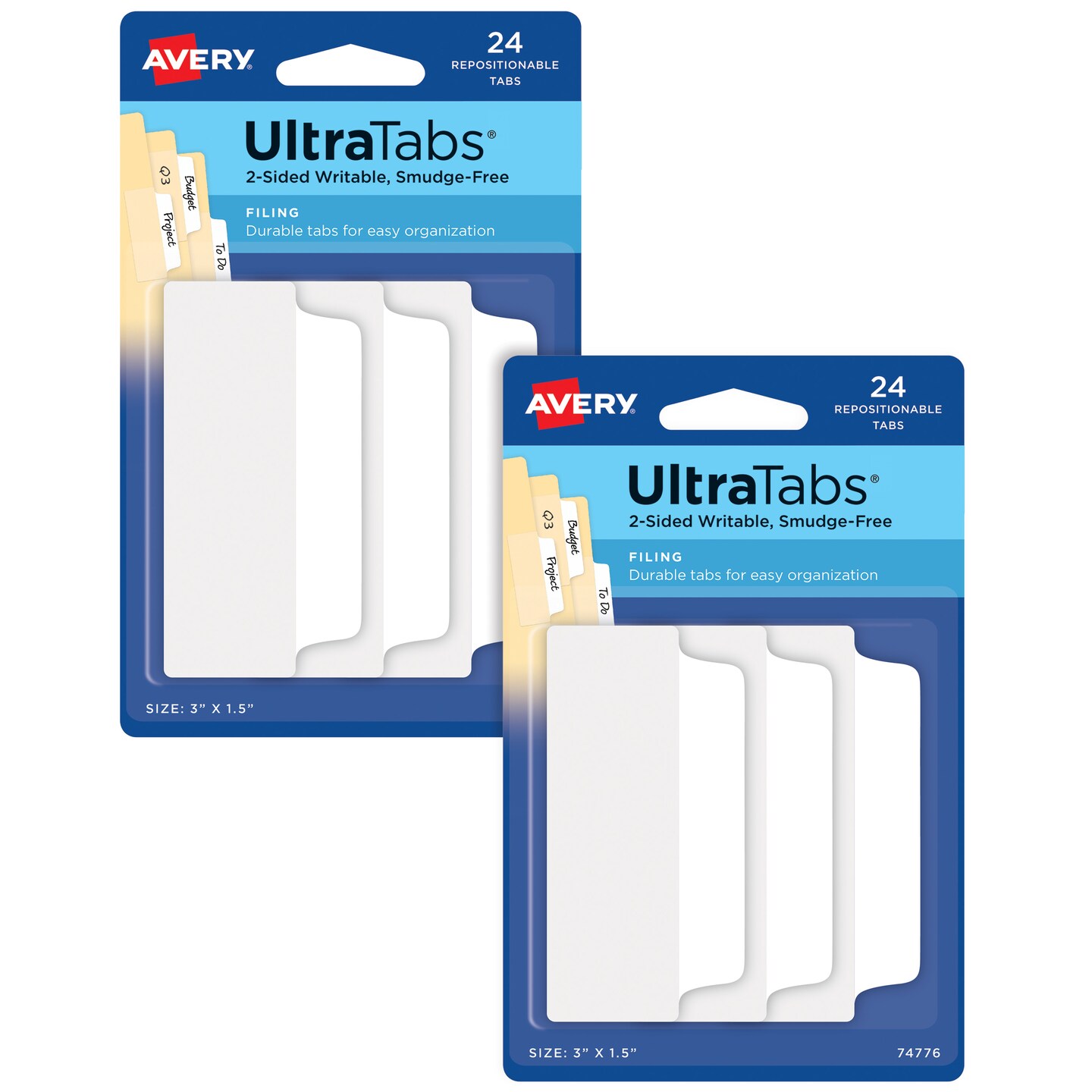 Avery Ultra Tabs, File Tabs, 3&#x22; x 1.5&#x22;, 2-Side Writable, White, 24 Tabs Per Pack, 2-Pack, 48 Self Adhesive Tabs Total (34777)