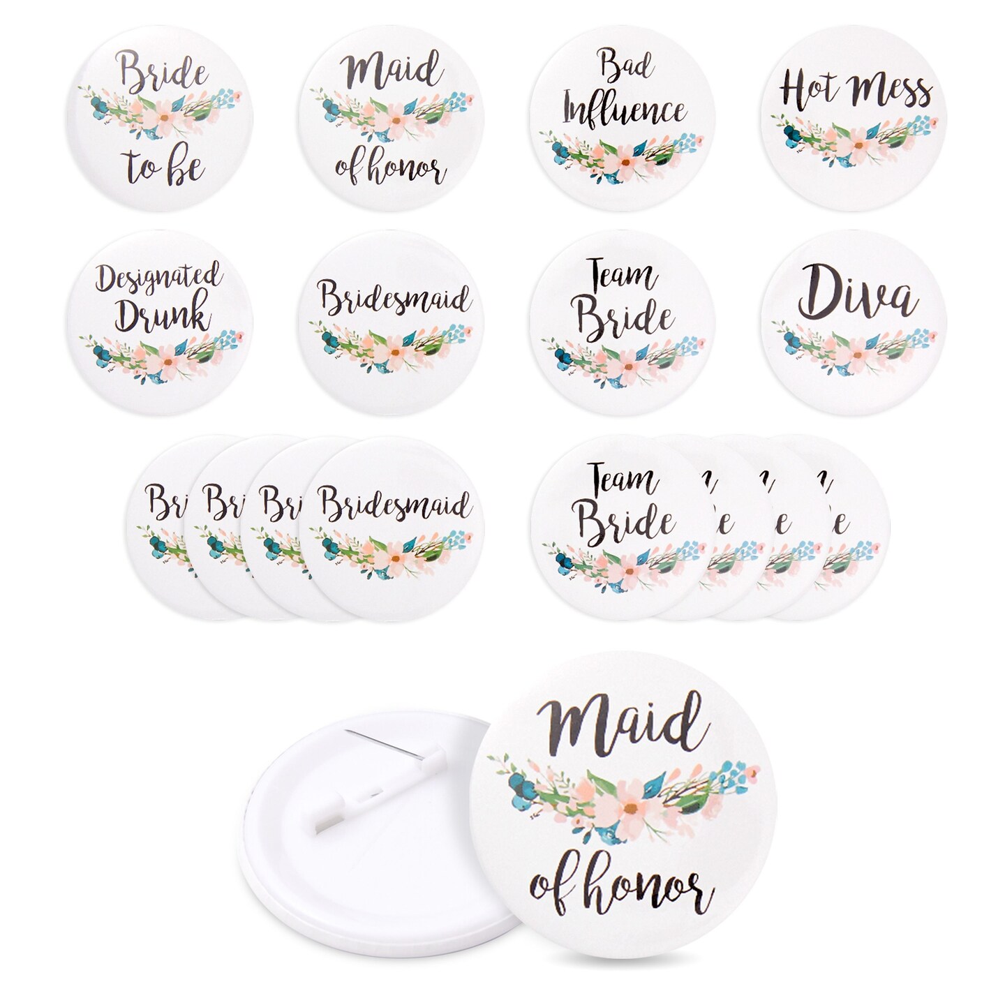 16 Pack - Bridal Party Pins - Wedding Party Buttons - Bridesmaid Gifts, Favors &#x26; Gifts, Team Bride, Maid of Honor Party Supplies, White, 8 Unique Designs
