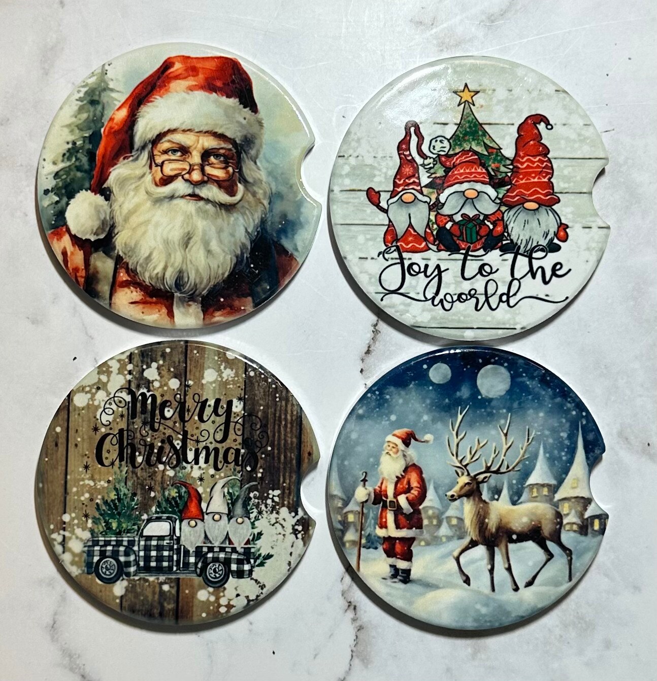 Christmas Car Coasters for Cup Holders Ceramic Sublimated with Finger Notch  for Easy Removal Keep Vehicle from Cold Drink Sweat Stain Spill, Ceramics