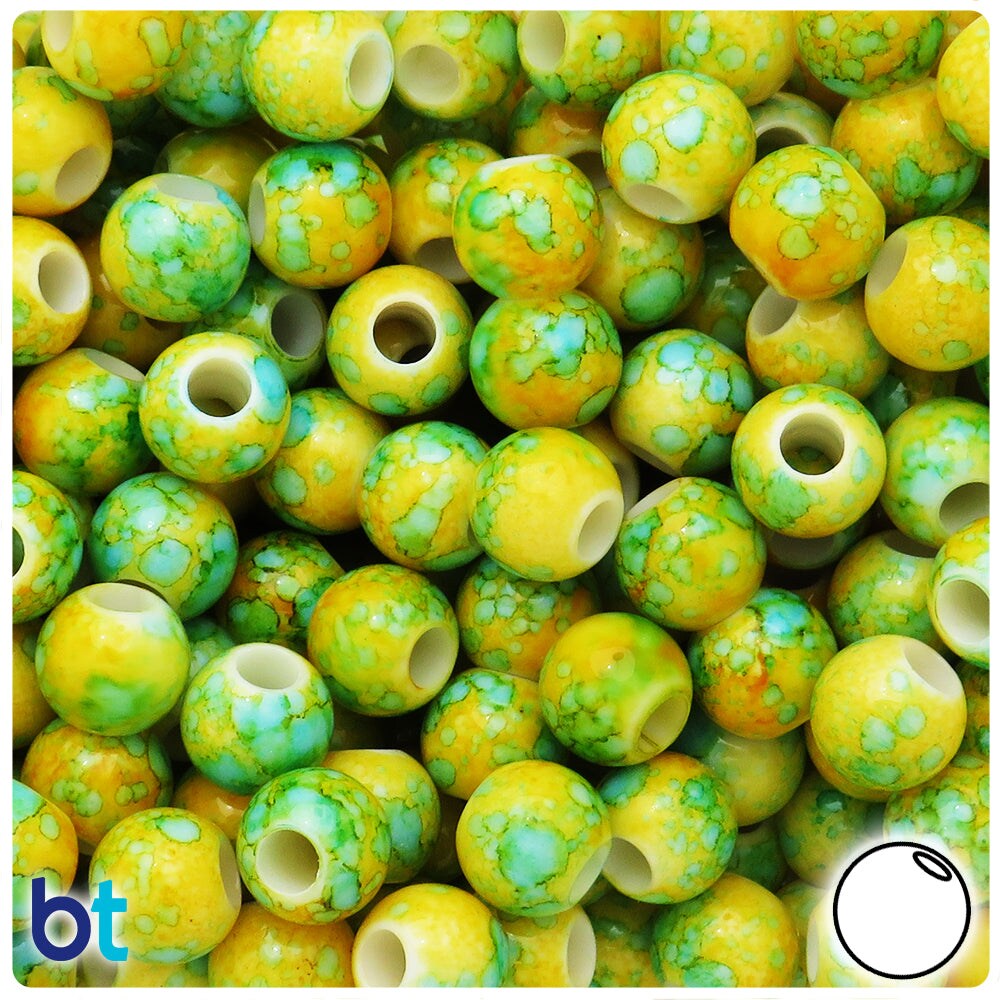 BeadTin Yellow Marbled 12mm Round Large Hole Plastic Pony Beads (75pcs)