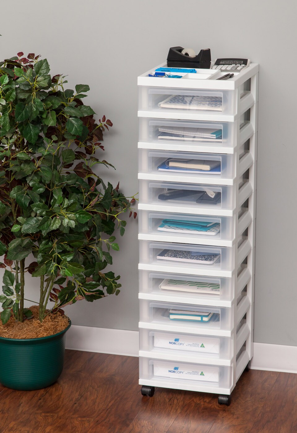 IRIS USA 10 Drawer Rolling Storage Cart with Drawers with Organizer Top, Black/White
