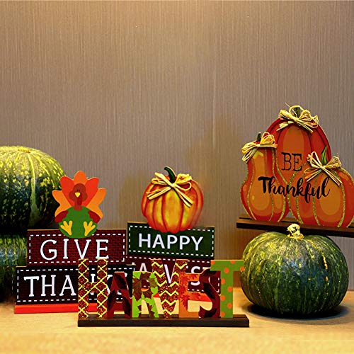 4 Pack Thanksgiving Themed Table Centerpiece Signs, Wood Pumpkin Table Decor Harvest Autumn Glittery Pumpkins Table Topper for Home Office Thanksgiving Decorations