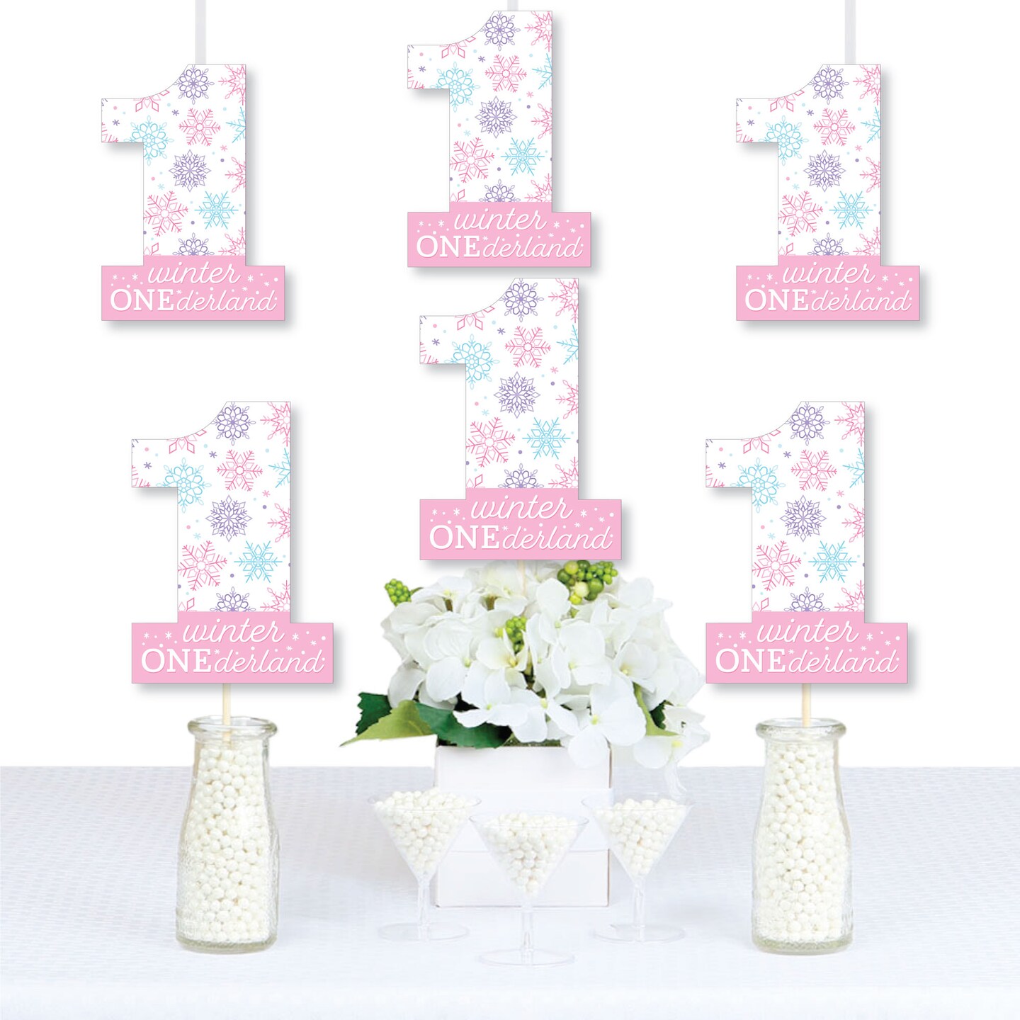 Big Dot of Happiness Pink Snowflakes 1st Birthday - One Shaped Decorations DIY Girl Winter ONEderland Party Essentials - Set of 20