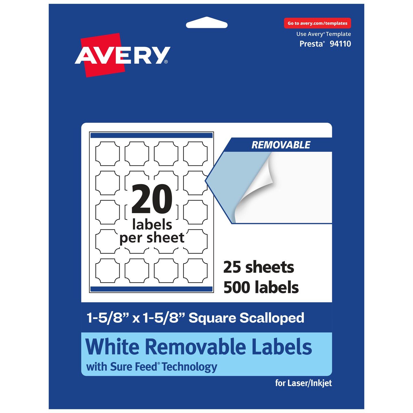 Avery Matte White Removable Square Scalloped Labels with Sure Feed Technology, Print-to-the-Edge, 1-5/8&#x22; x 1-5/8&#x22;
