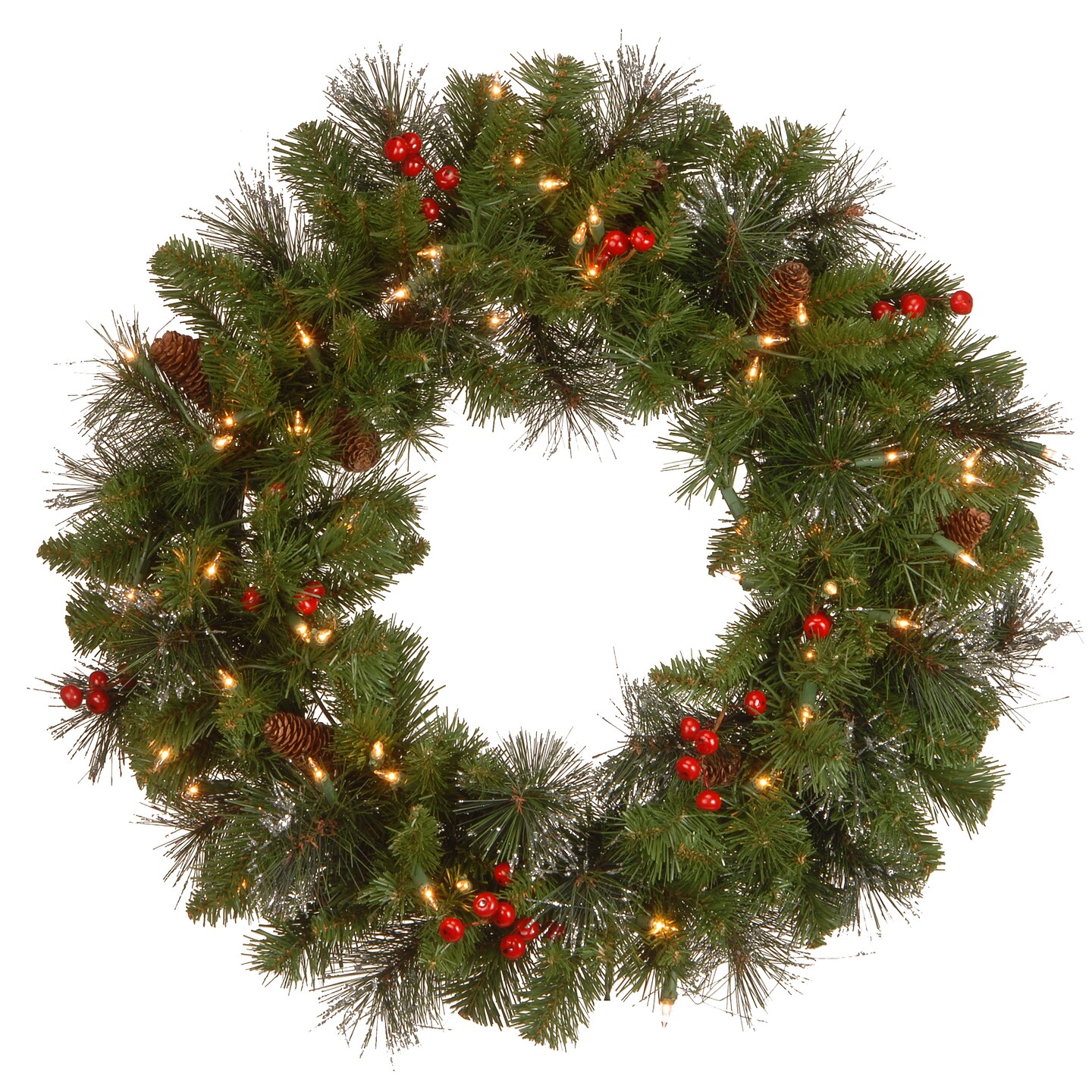National Tree Company Pre-Lit Artificial Christmas Wreath, Green, Crestwood&#xAE; Spruce , Clear Lights, Decorated with Pine Cones, Berry Clusters,  24 Inches